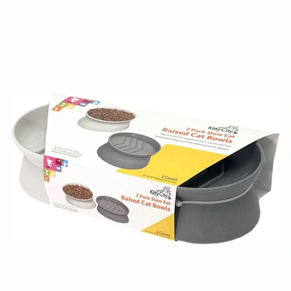 Modern Cat Food and Water Bowl Set - Gray and White